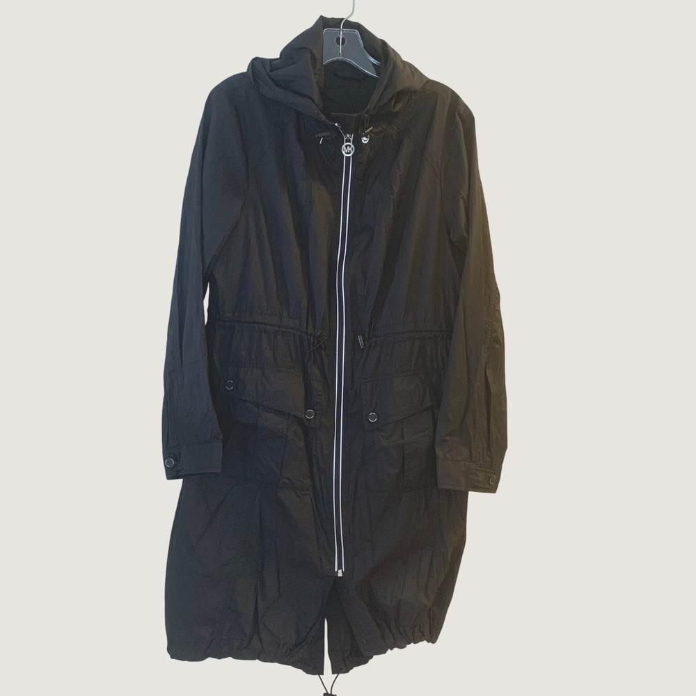 Michael Kors Black Hooded Windbreaker Full Zip Jacket Packable Reflective Large